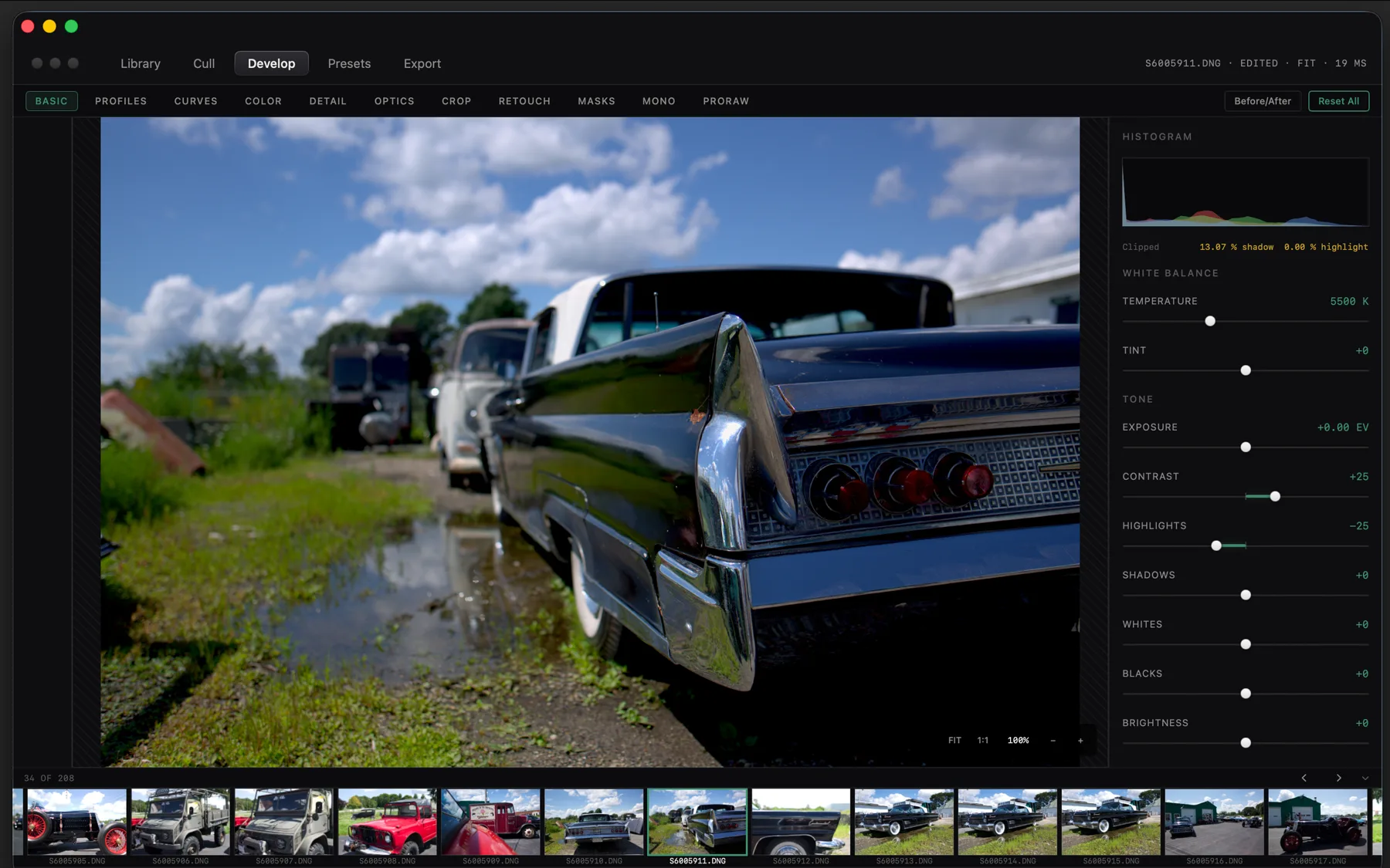 CaptureMood 16-bit RAW develop workroom and filmstrip