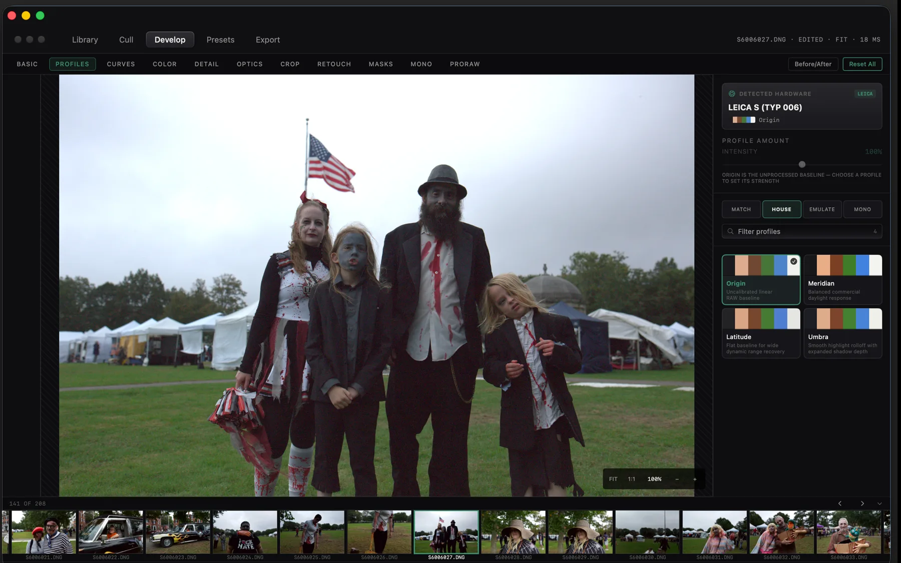 CaptureMood profile panel with a Leica S body detected and house profiles listed