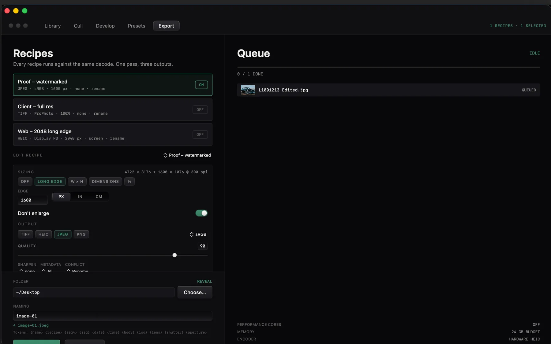 CaptureMood export recipes and render queue