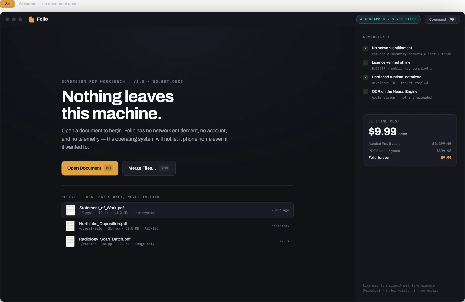 Folio welcome launch view with document drop zone