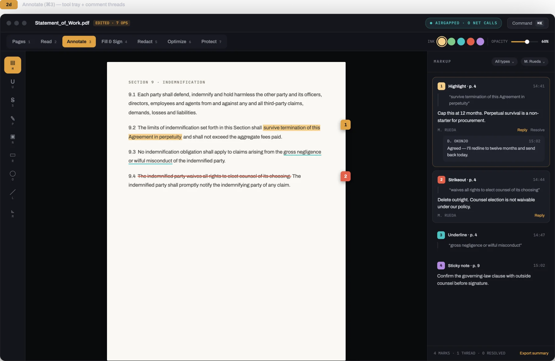 Folio markup and annotation tools on engineering drawing