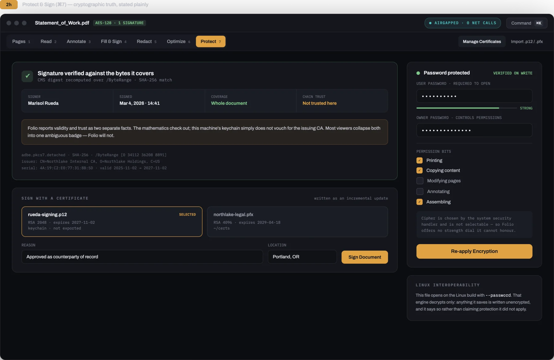 Folio security encryption and digital certificate verification