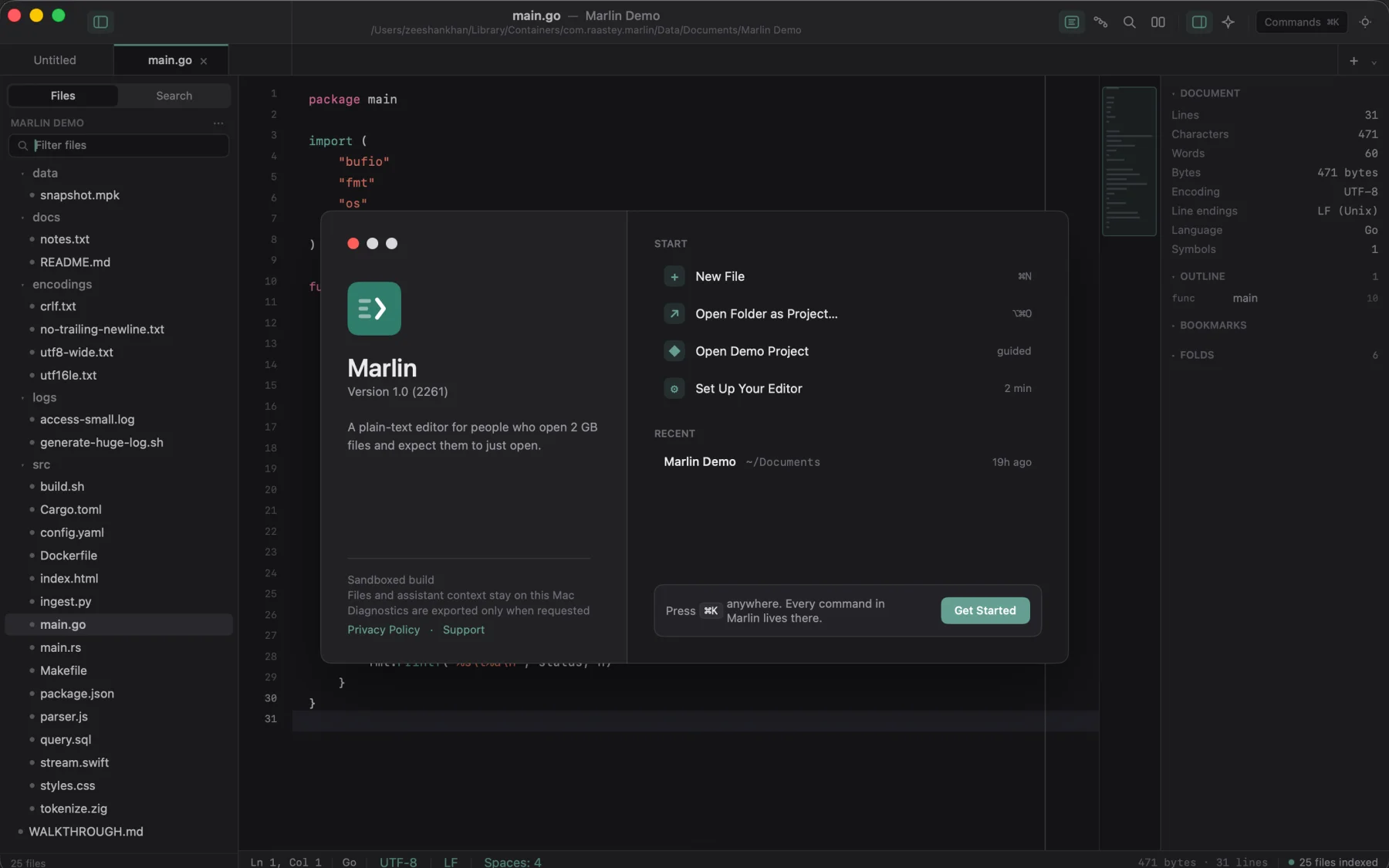 Marlin editor with syntax highlighting and file navigation