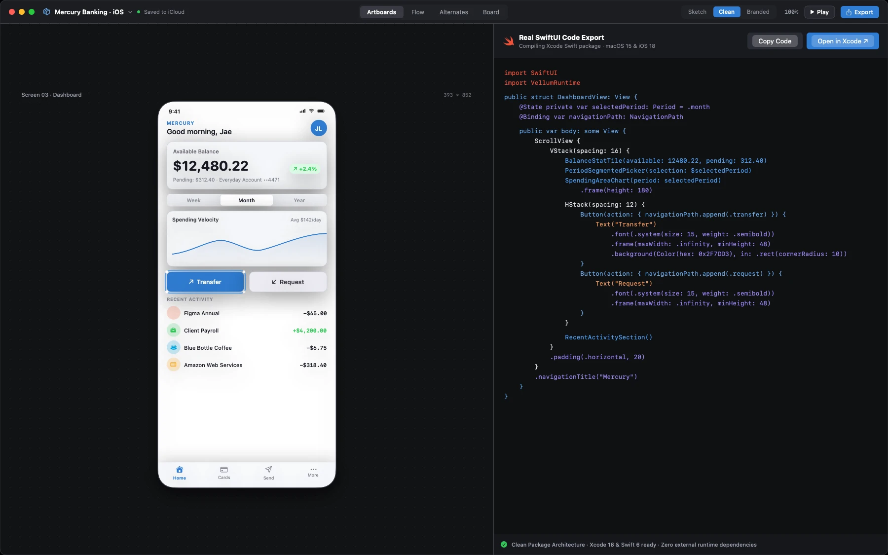 Mocksyy SwiftUI code export modal with syntax highlighting
