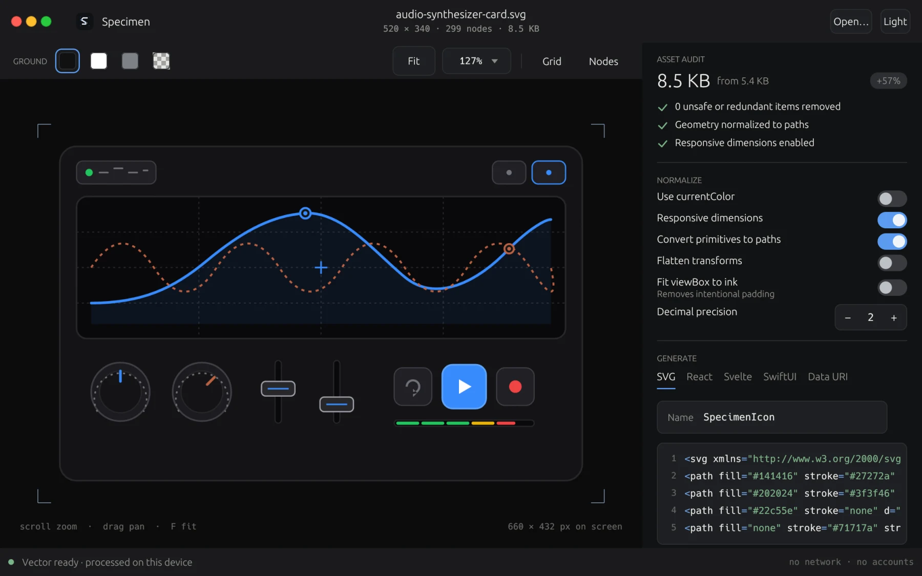 Specimen desktop vector workbench with SVG inspection canvas and live code generator