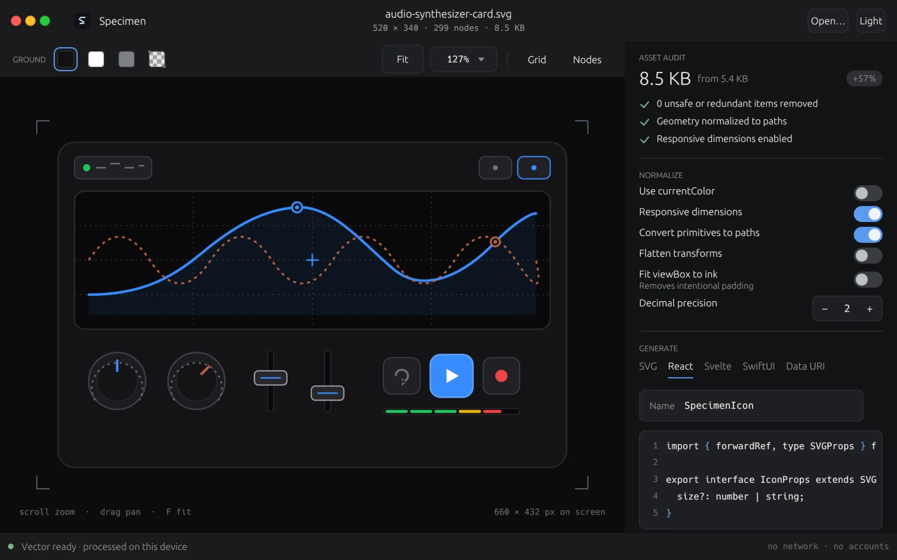 Specimen React TSX export view