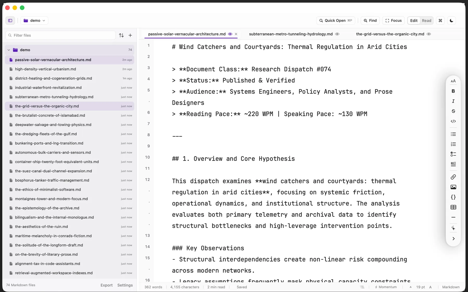 Verso Markdown writing environment with folder tree and editor