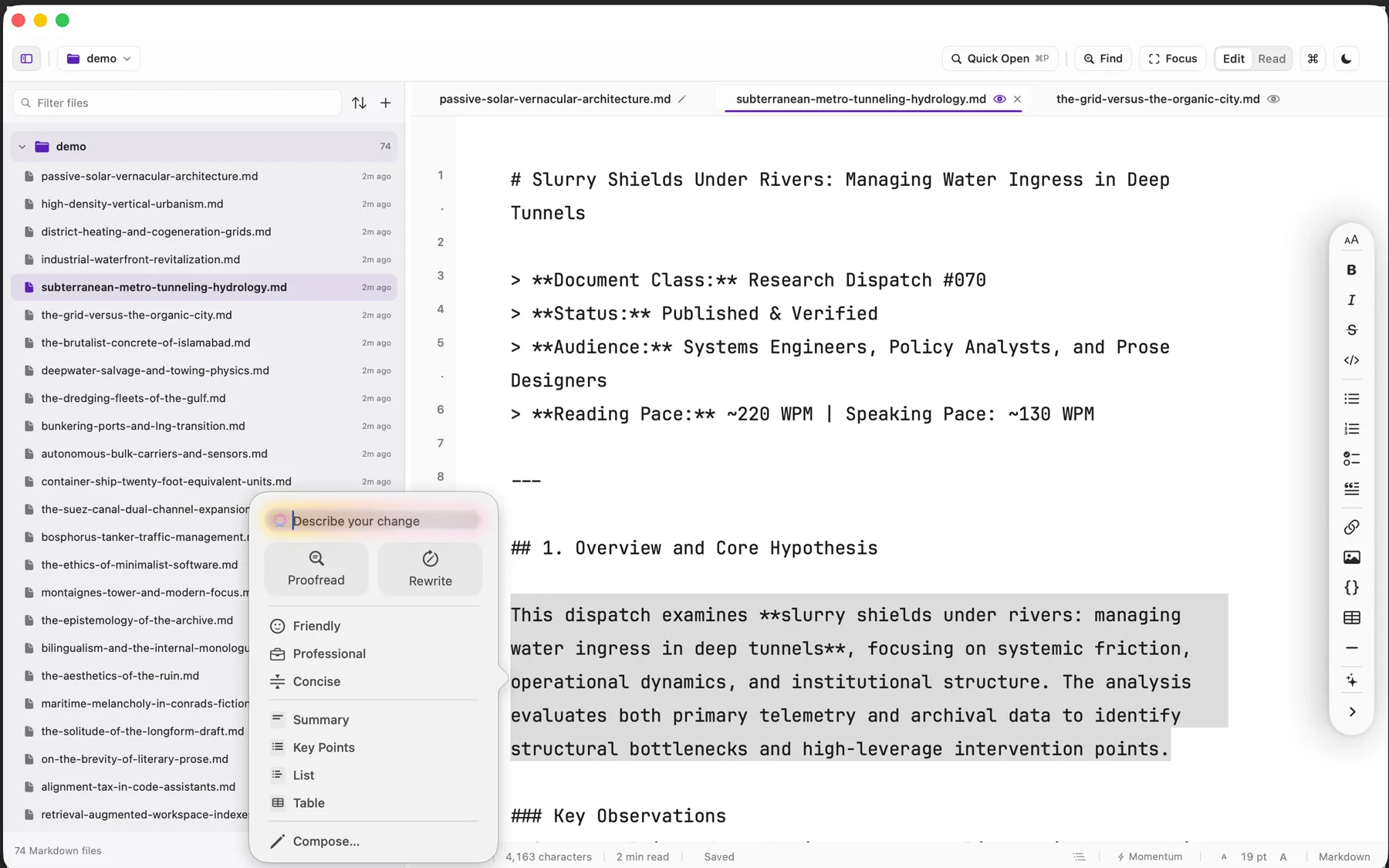 Verso intelligence panel offering proofread and rewrite on a selected paragraph