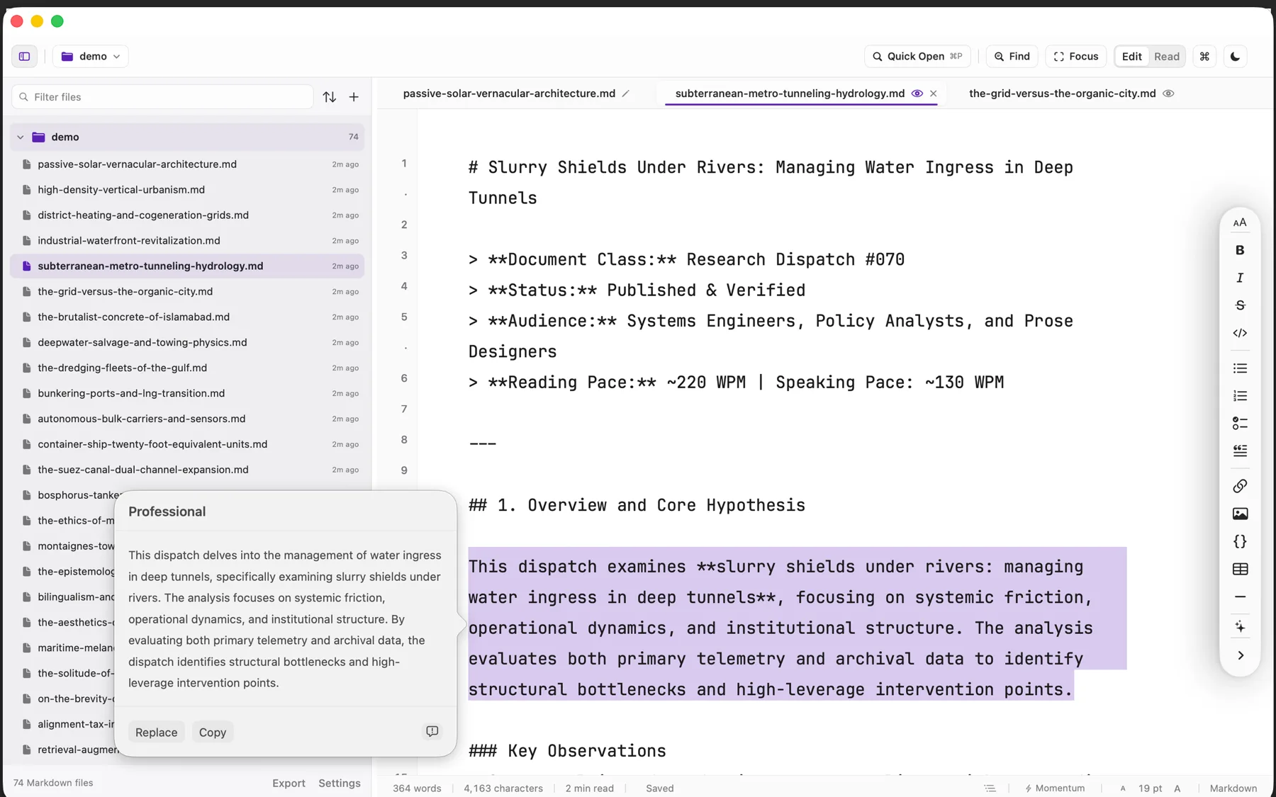 Verso showing a professional rewrite suggestion with replace and copy buttons